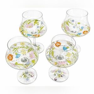 Vintage Hand Painted Floral Crystal Wine Glasses Set of 4